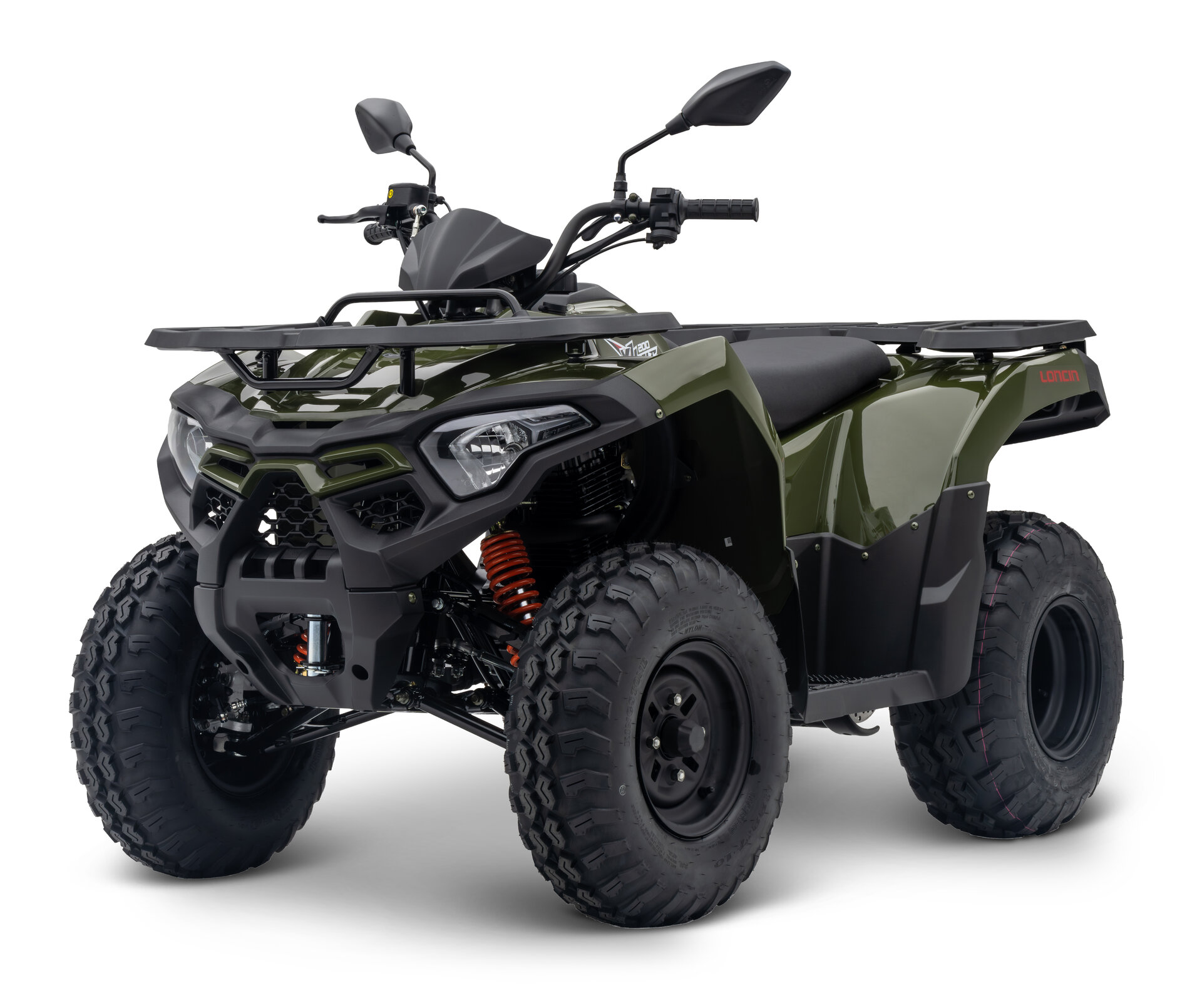 Loncin XWolf 200 ATV in Army Green schräg von vorne links im Studio