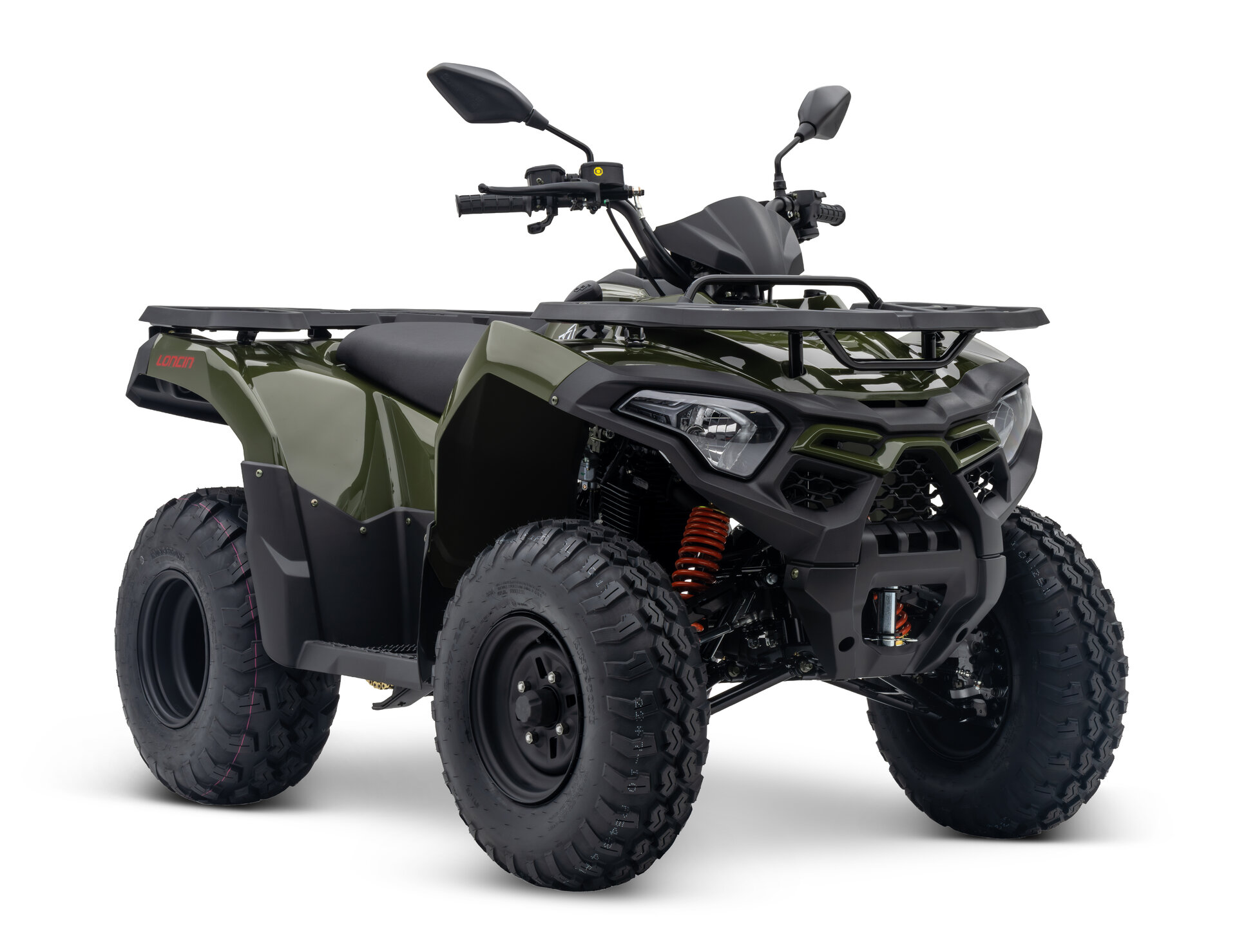 Loncin XWolf 200 ATV in Army Green schräg von vorne rechts im Studio