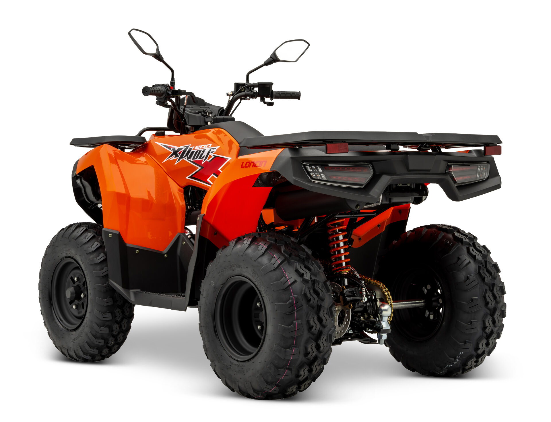 Loncin XWolf 200 ATV in Orange schräg von hinten links im Studio