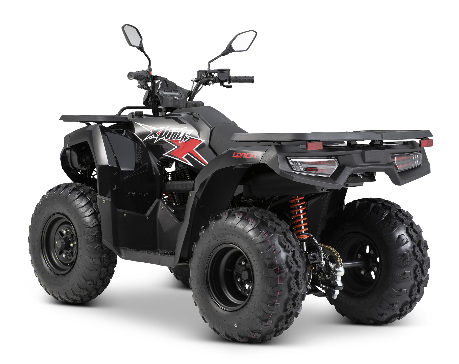 Loncin XWolf 200 ATV in Schwarz schräg von hinten links im Studio