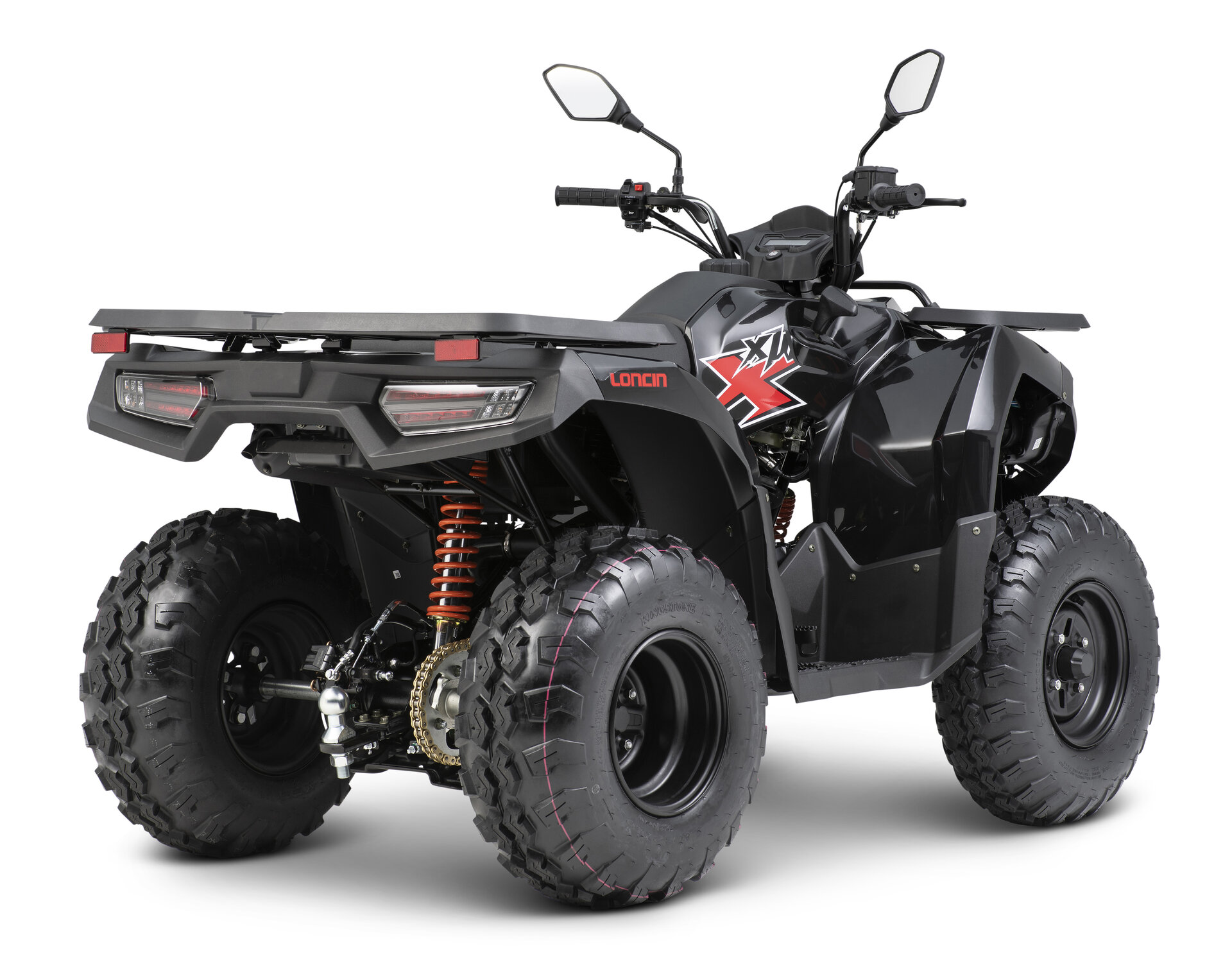 Loncin XWolf 200 ATV in Schwarz schräg von hinten rechts im Studio