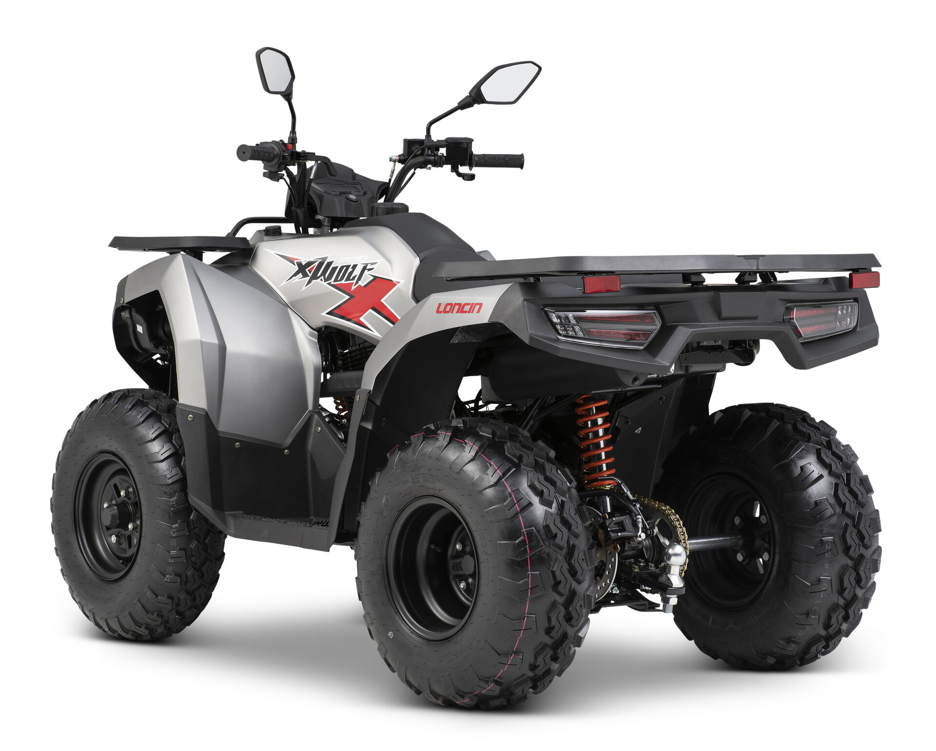 Loncin XWolf 200 ATV in Silber-Grau schräg von hinten links im Studio