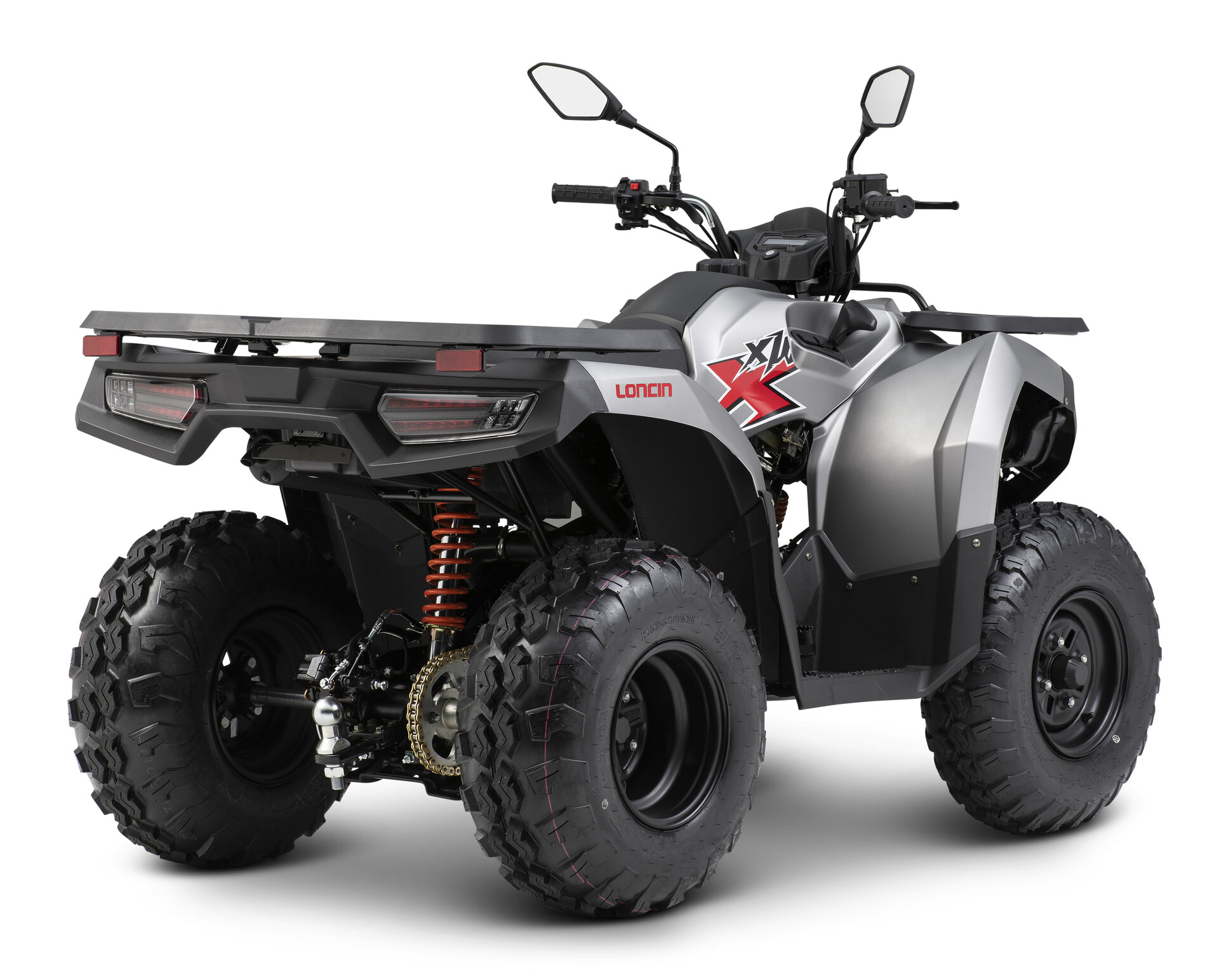 Loncin XWolf 200 ATV in Silber-Grau schräg von hinten rechts im Studio