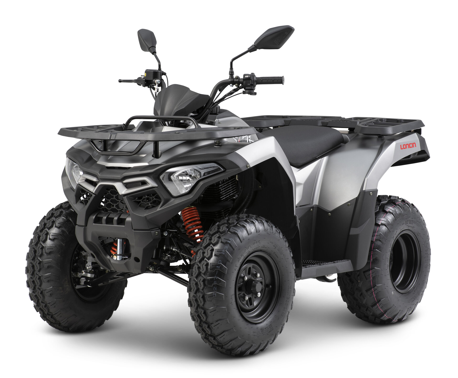 Loncin XWolf 200 ATV in Silber-Grau schräg von vorne links im Studio