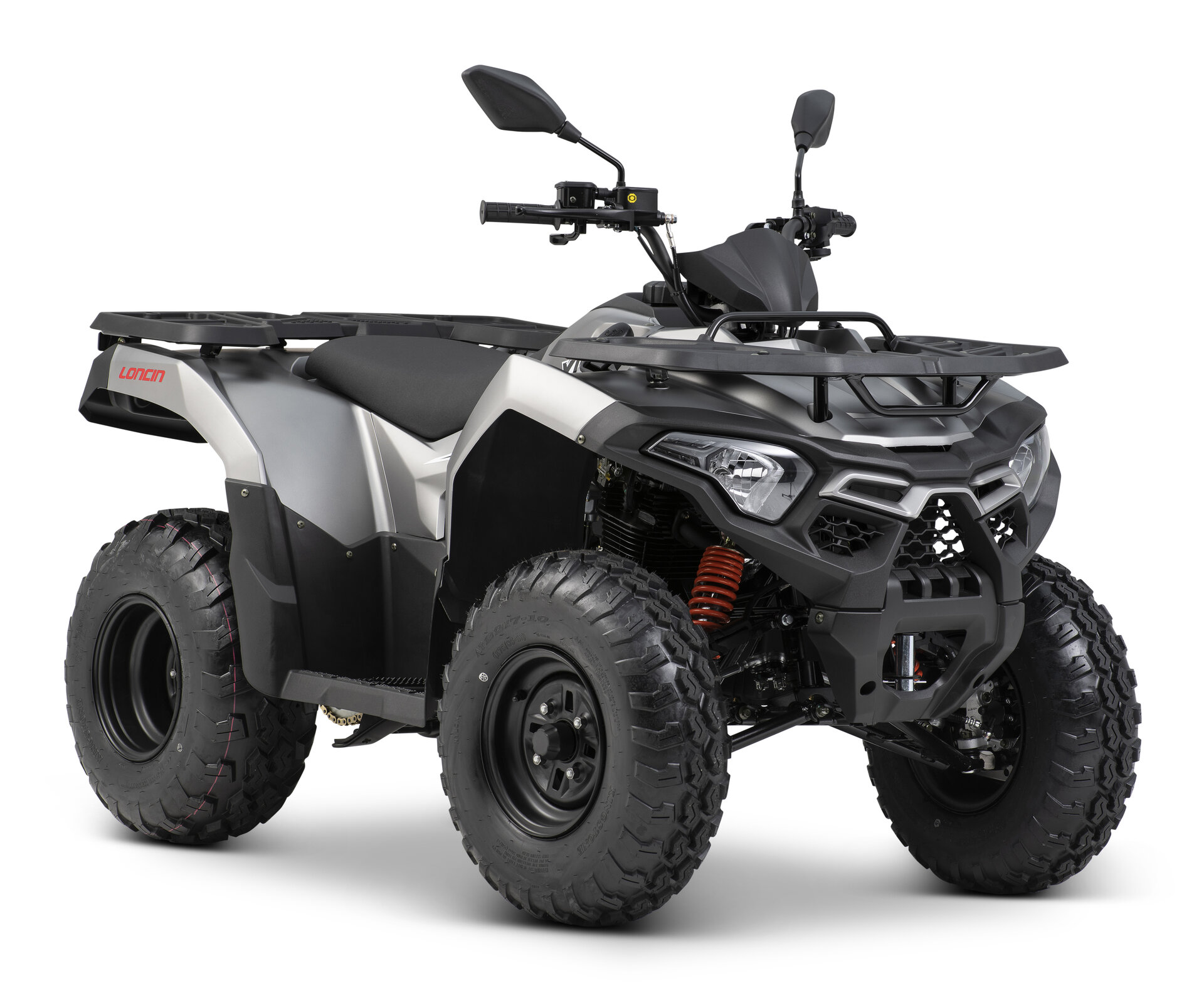 Loncin XWolf 200 ATV in Silber-Grau schräg von vorne rechts im Studio